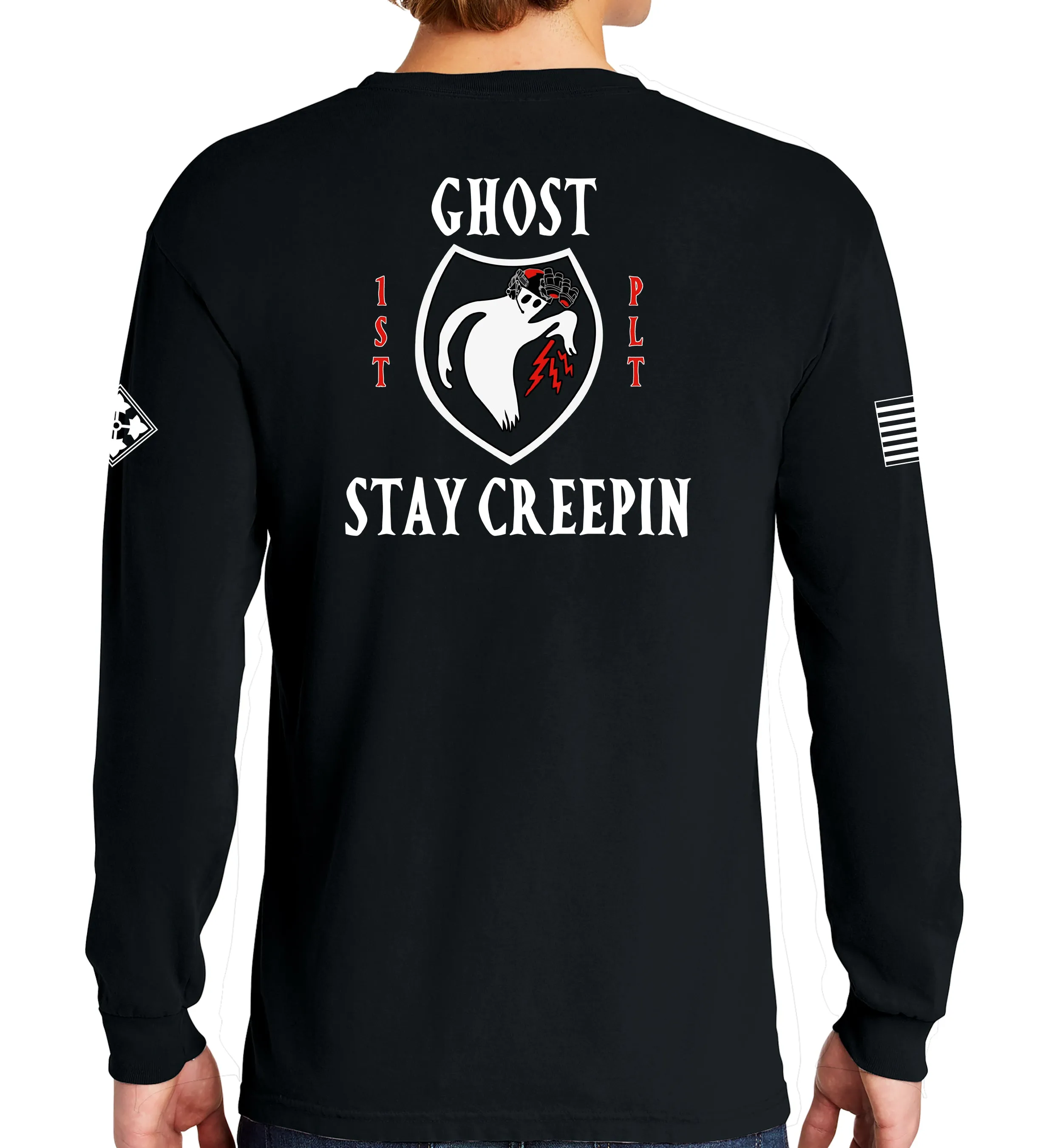 A Co Ghost Long Sleeve 50-50 Blend Unisex Shirt. This shirt IS approved for PT