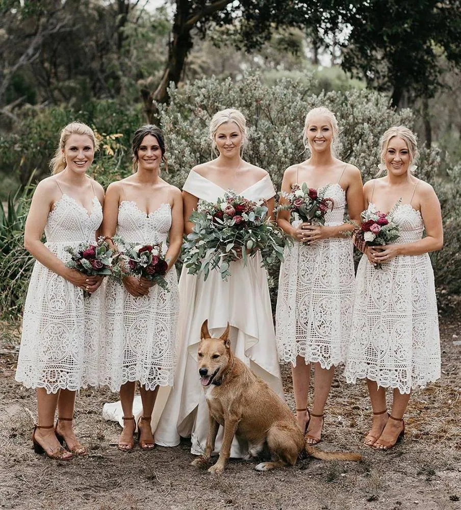 A Line Ivory Lace Spaghetti Straps V Neck Bridesmaid Dresses, Bridesmaid Gowns SJS15489