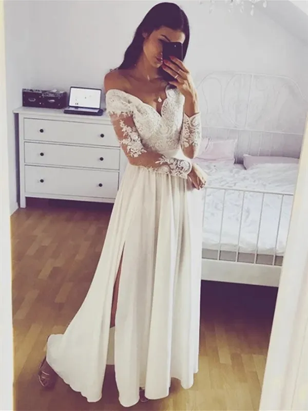 A Line Long Sleeves Lace White Prom with Split, Long Sleeves White Lace Formal Graduation Evening