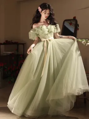 A-Line Off Shoulder Tulle Green Long Prom Dress, Green Long Formal Dress