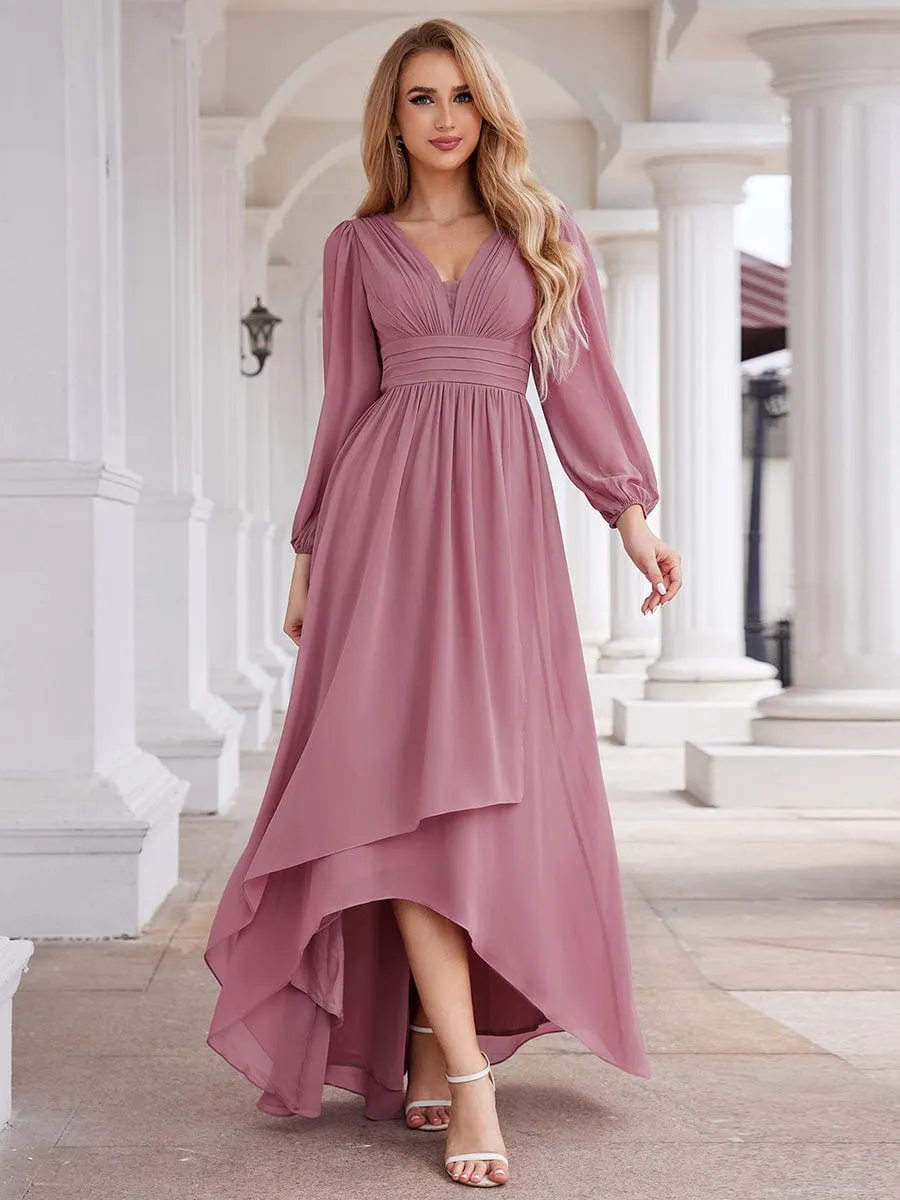 A-Line Pleated See-Through Long Lantern Midi Chiffon Bridesmaid Dress