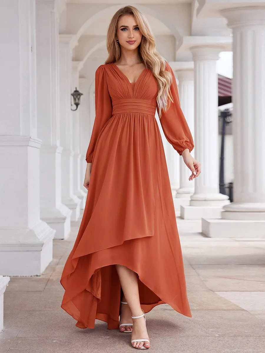 A-Line Pleated See-Through Long Lantern Midi Chiffon Bridesmaid Dress