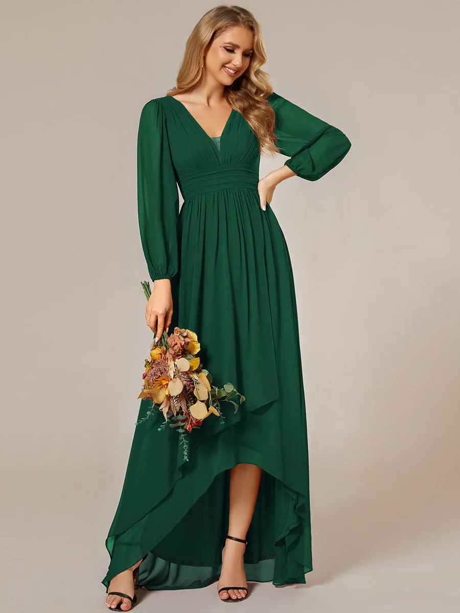 A-Line Pleated See-Through Long Lantern Midi Chiffon Bridesmaid Dress