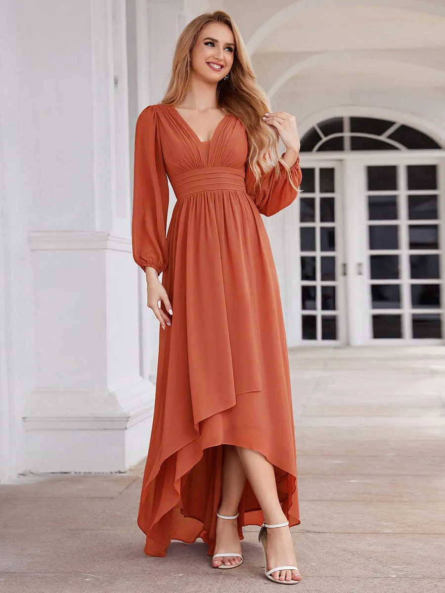 A-Line Pleated See-Through Long Lantern Midi Chiffon Bridesmaid Dress