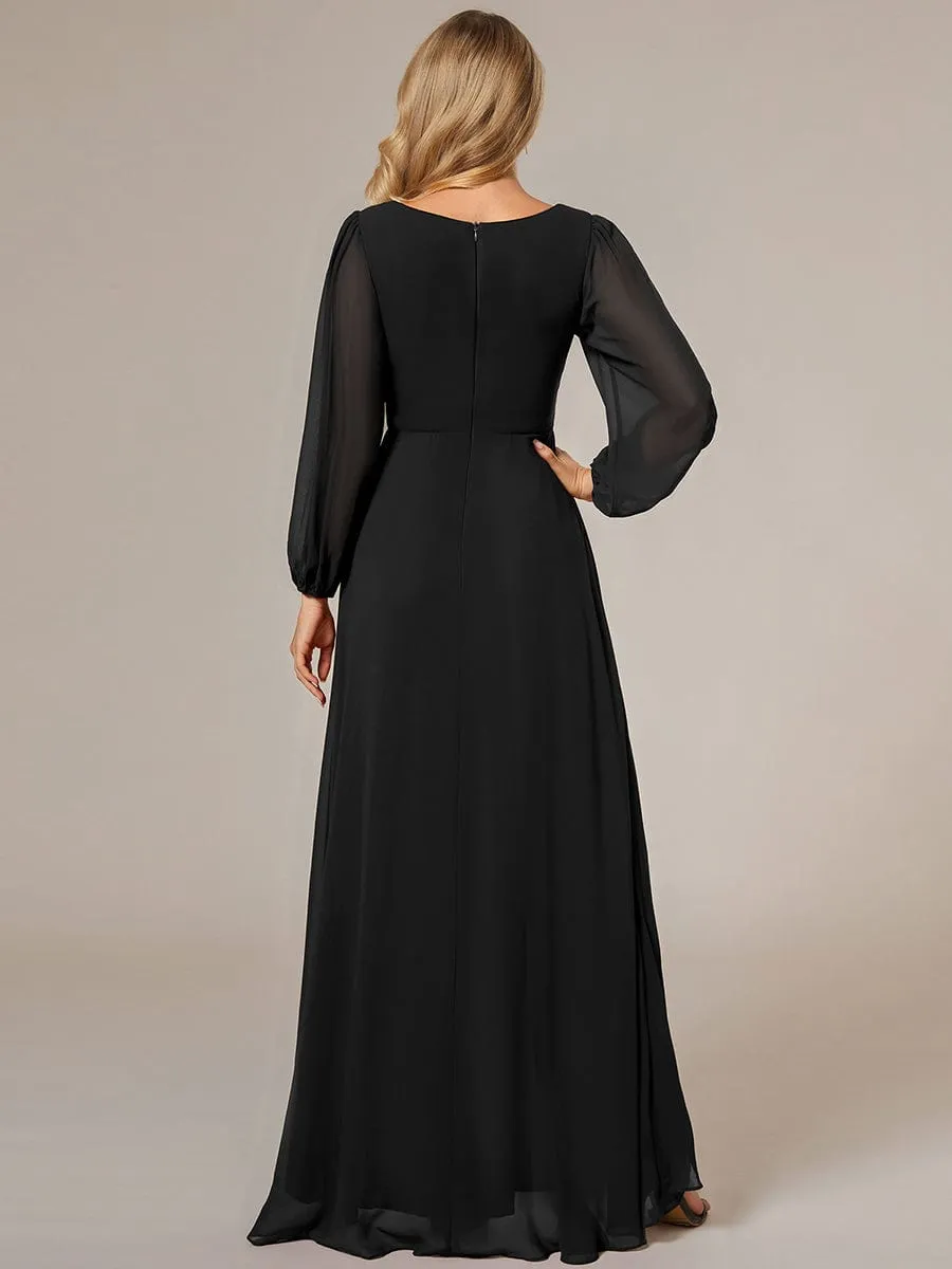 A-Line Pleated See-Through Long Lantern Midi Chiffon Bridesmaid Dress