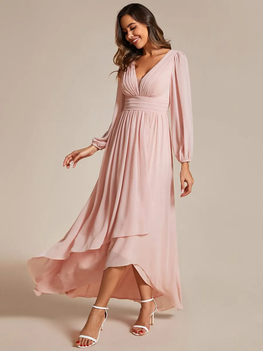 A-Line Pleated See-Through Long Lantern Midi Chiffon Bridesmaid Dress