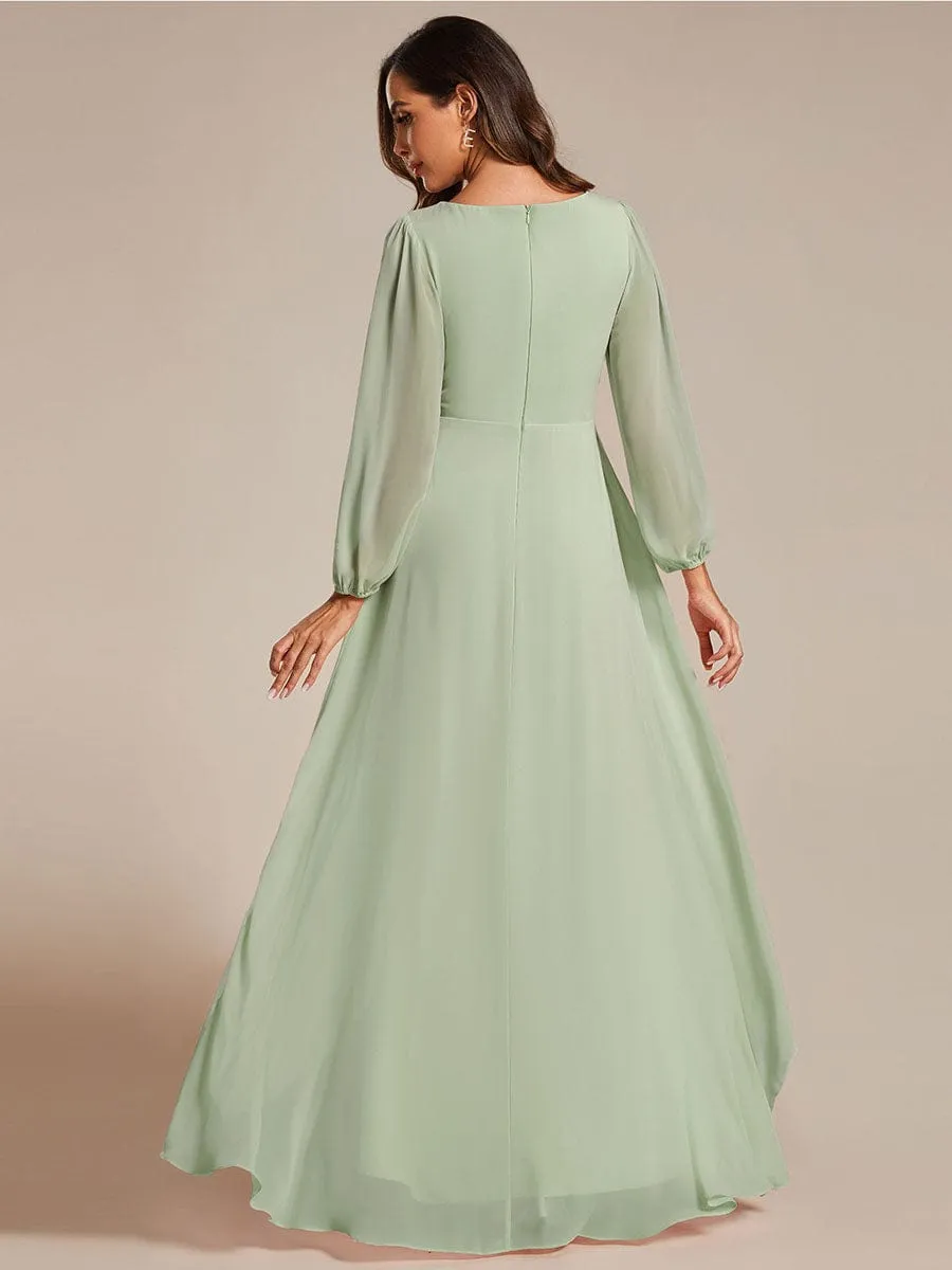 A-Line Pleated See-Through Long Lantern Midi Chiffon Bridesmaid Dress