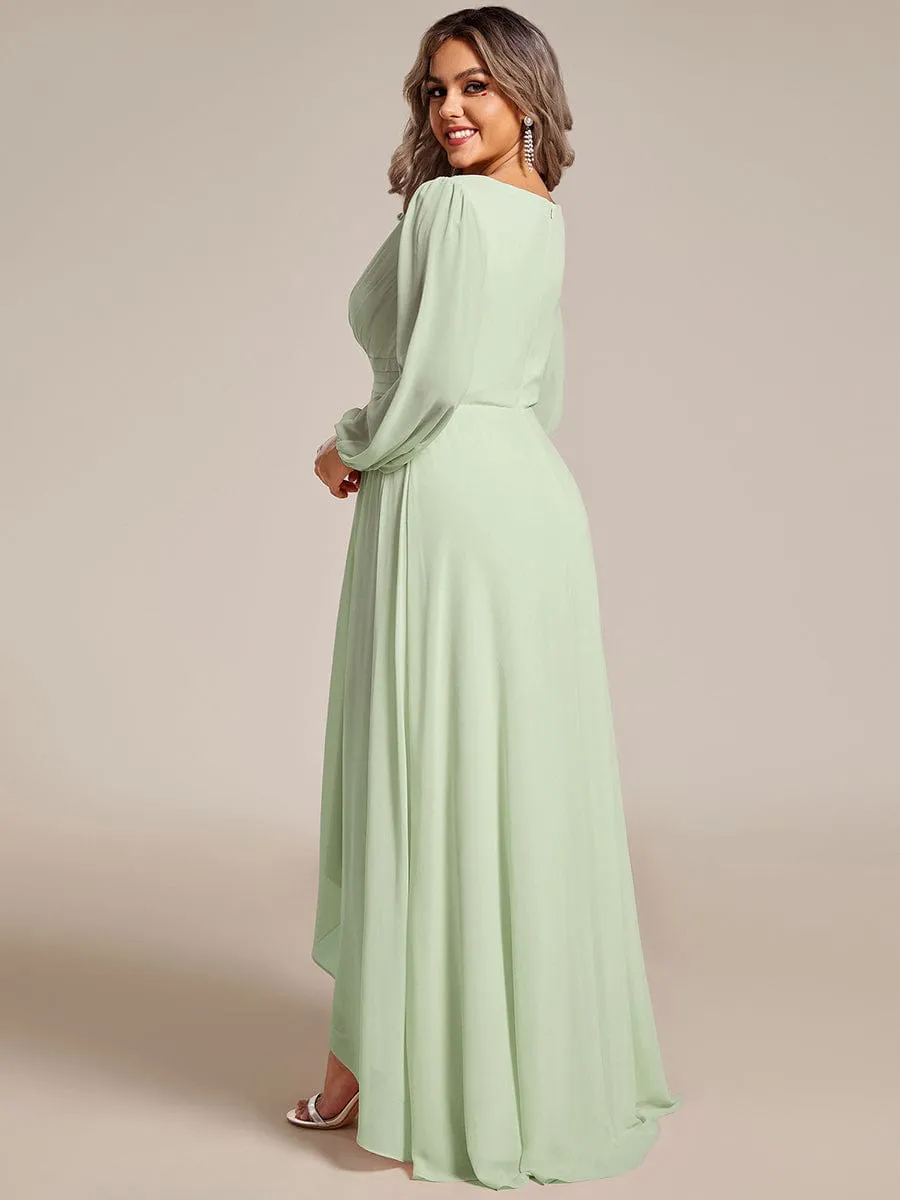 A-Line Pleated See-Through Long Lantern Midi Chiffon Bridesmaid Dress