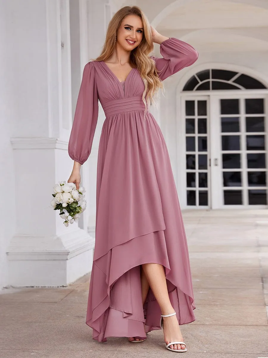 A-Line Pleated See-Through Long Lantern Midi Chiffon Bridesmaid Dress