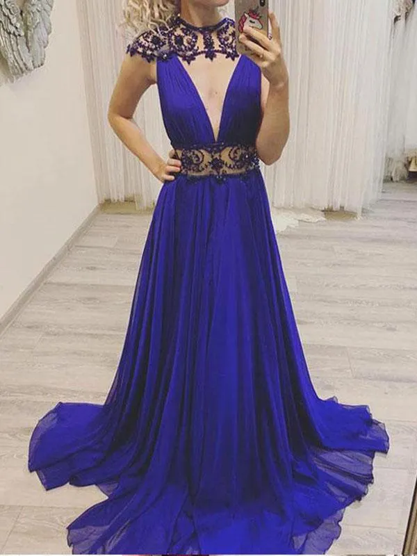 A Line Royal Beaded Blue Chiffon Long Prom Dress,Cheap Prom Dresses,PDY0537