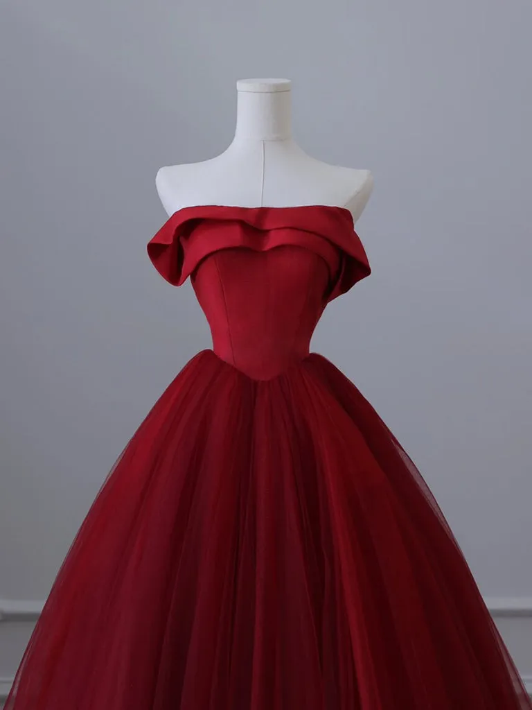 A-Line Tulle Burgundy Long Prom Dress, Tulle Burgundy Long Formal Dress