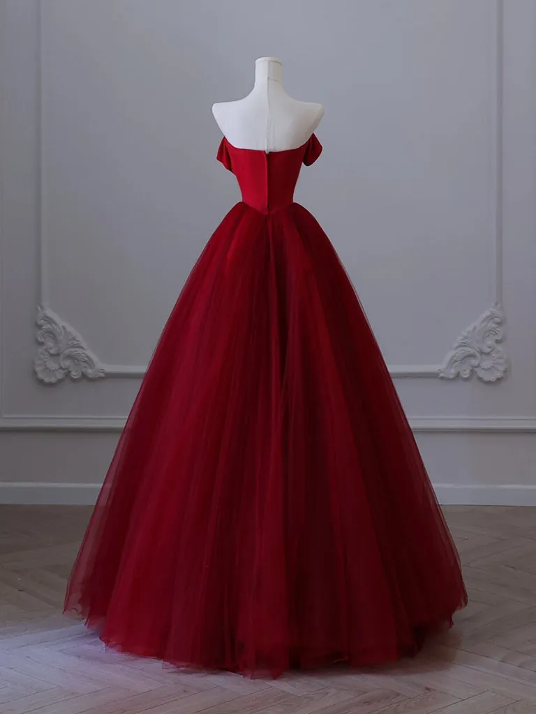 A-Line Tulle Burgundy Long Prom Dress, Tulle Burgundy Long Formal Dress