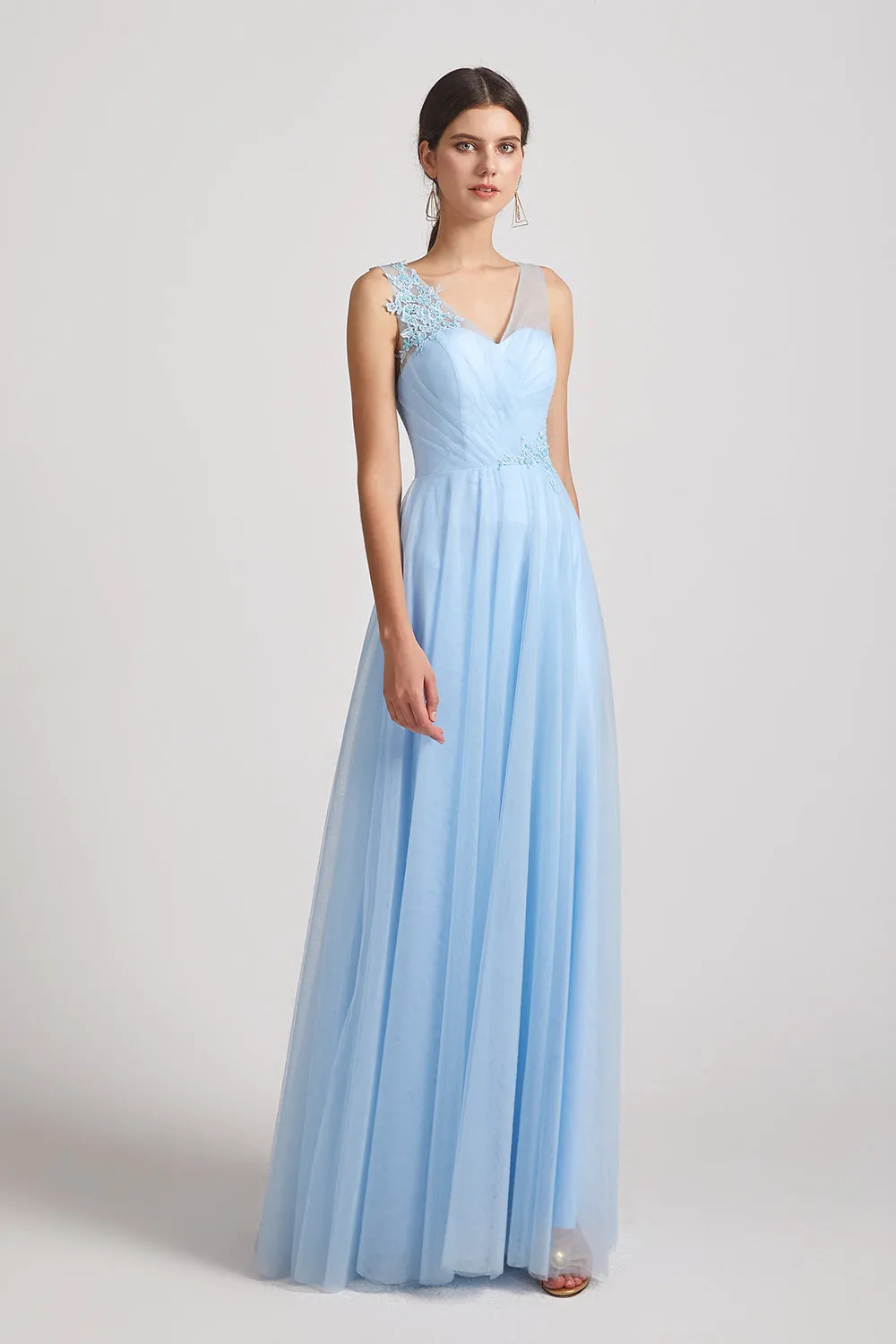 A-Line/Princess Straps V-Neck Long Tulle Bridesmaid Dresses (AF0180)