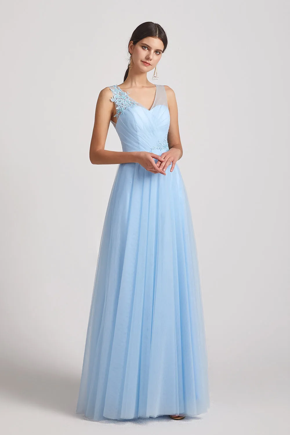 A-Line/Princess Straps V-Neck Long Tulle Bridesmaid Dresses (AF0180)