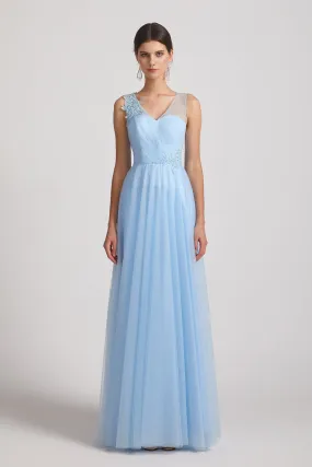 A-Line/Princess Straps V-Neck Long Tulle Bridesmaid Dresses (AF0180)