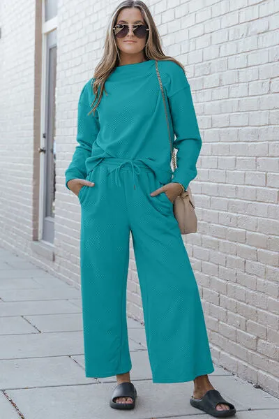 Abigail Textured Long Sleeve Top and Drawstring Pants Set