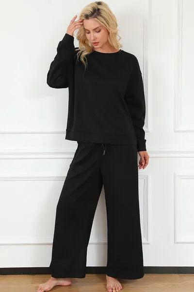 Abigail Textured Long Sleeve Top and Drawstring Pants Set