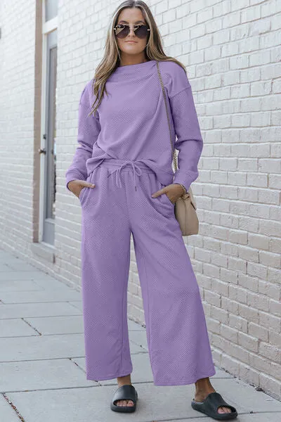 Abigail Textured Long Sleeve Top and Drawstring Pants Set