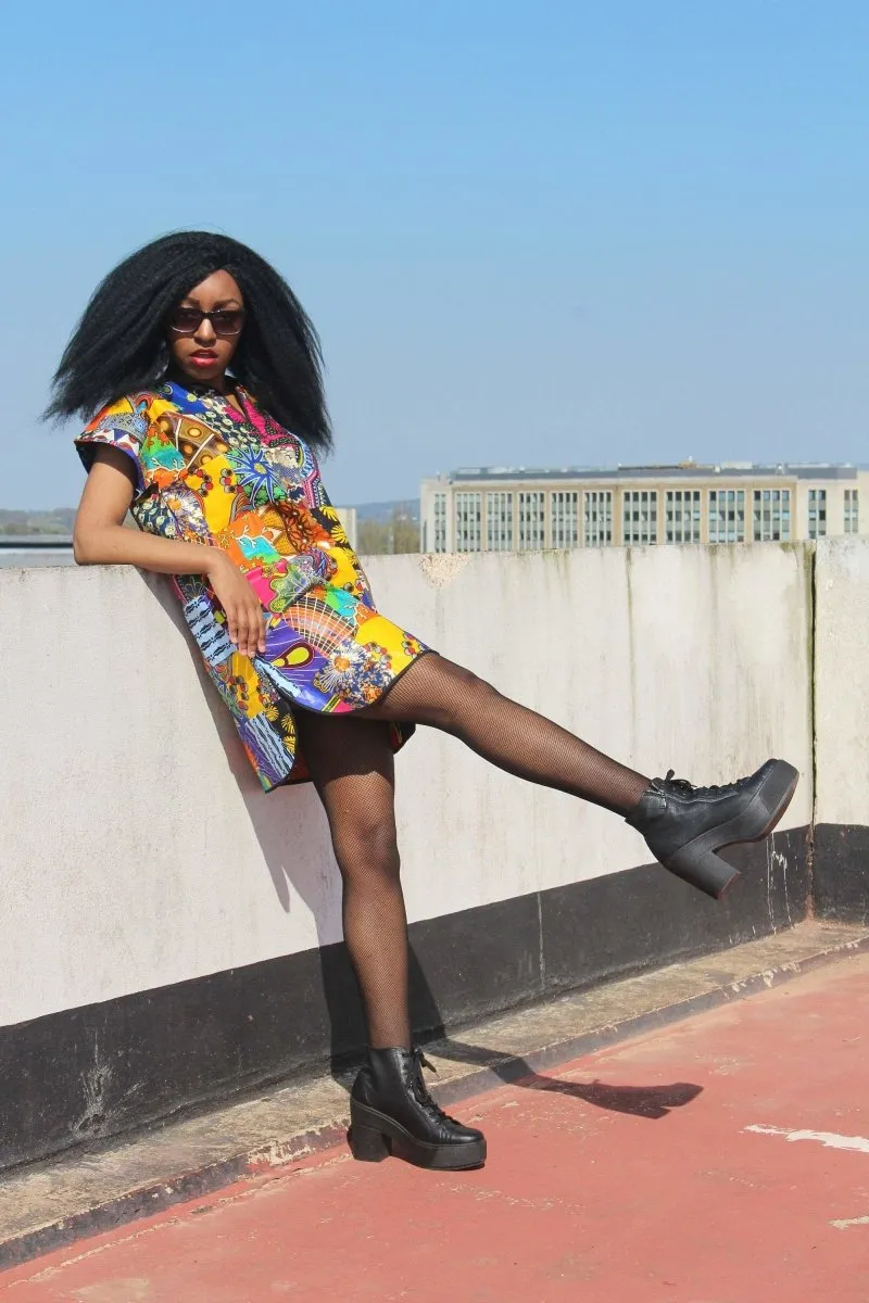 African Patchwork Dress, Shift Dress in Black Ankara Print - Festival Dress