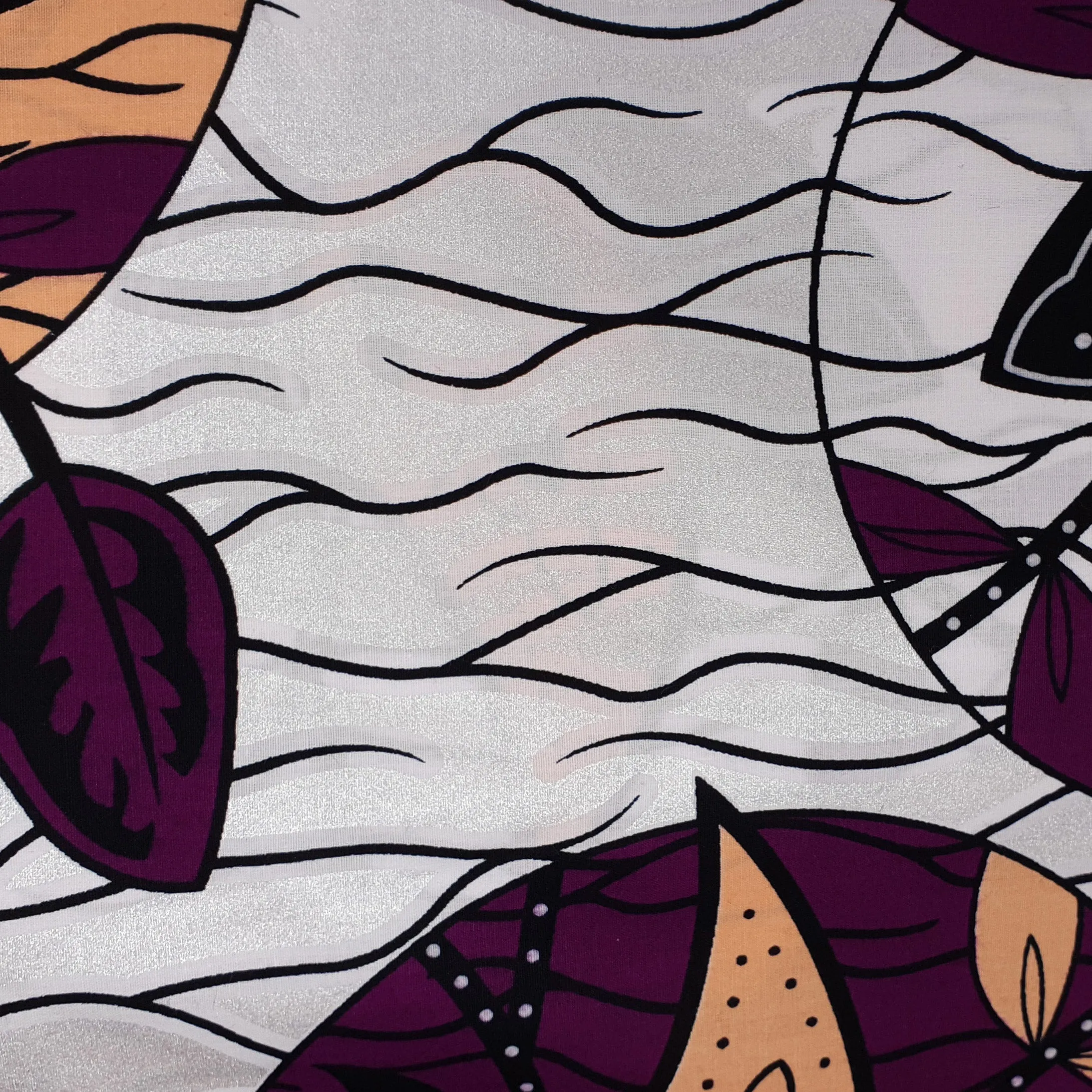 African Wax print fabric - Grand Wax - White Purple Leaf glass - Silver embellished