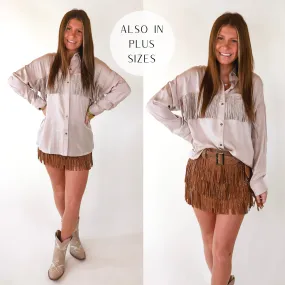 All That Shimmers Crystal Fringe Button Up Top with Long Sleeves in Champagne