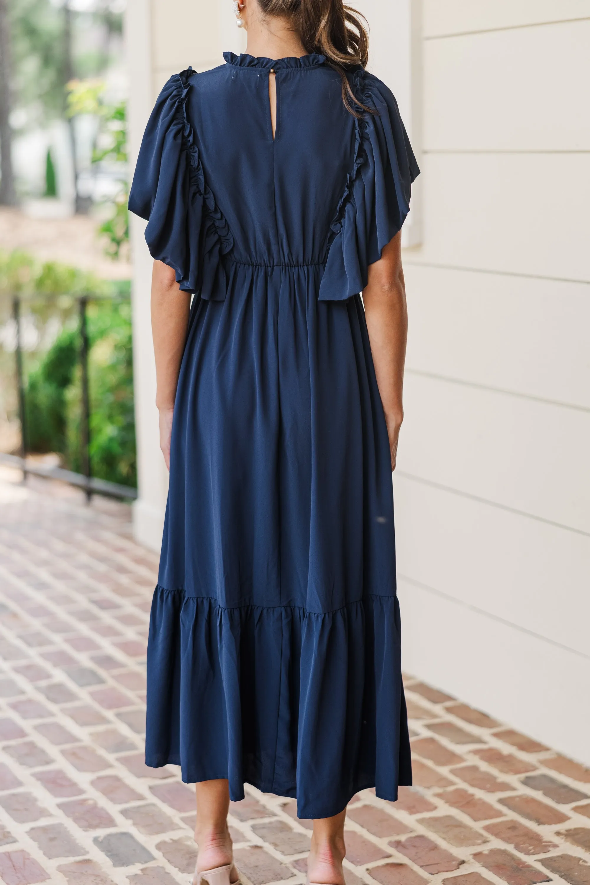 All The Good Navy Blue Ruffled Midi Dress