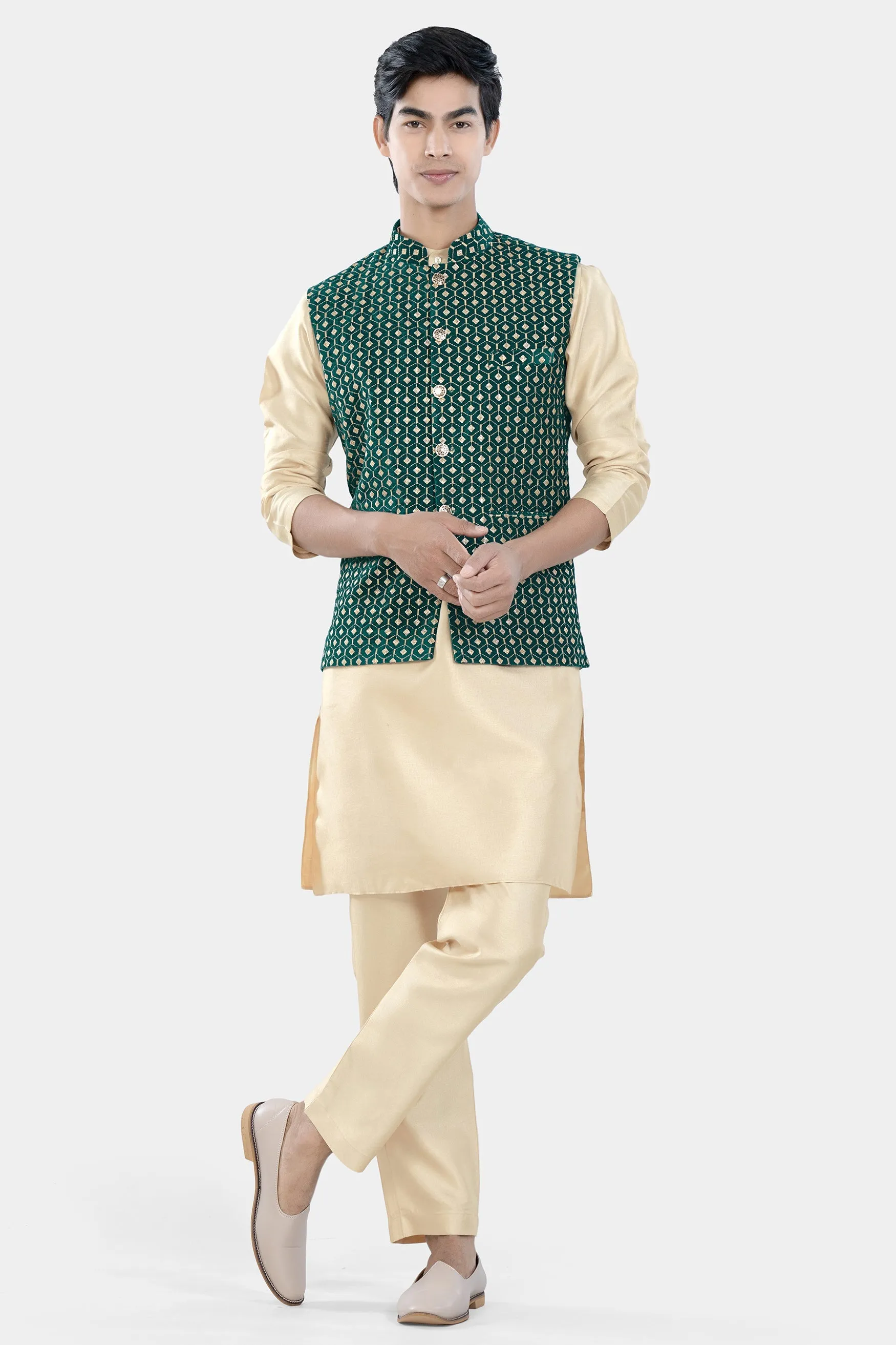 Almond Brown Kurta Set with Sherpa Green and Givry Cream Hexagon Sequin and Thread Embroidered Designer Nehru Jacket