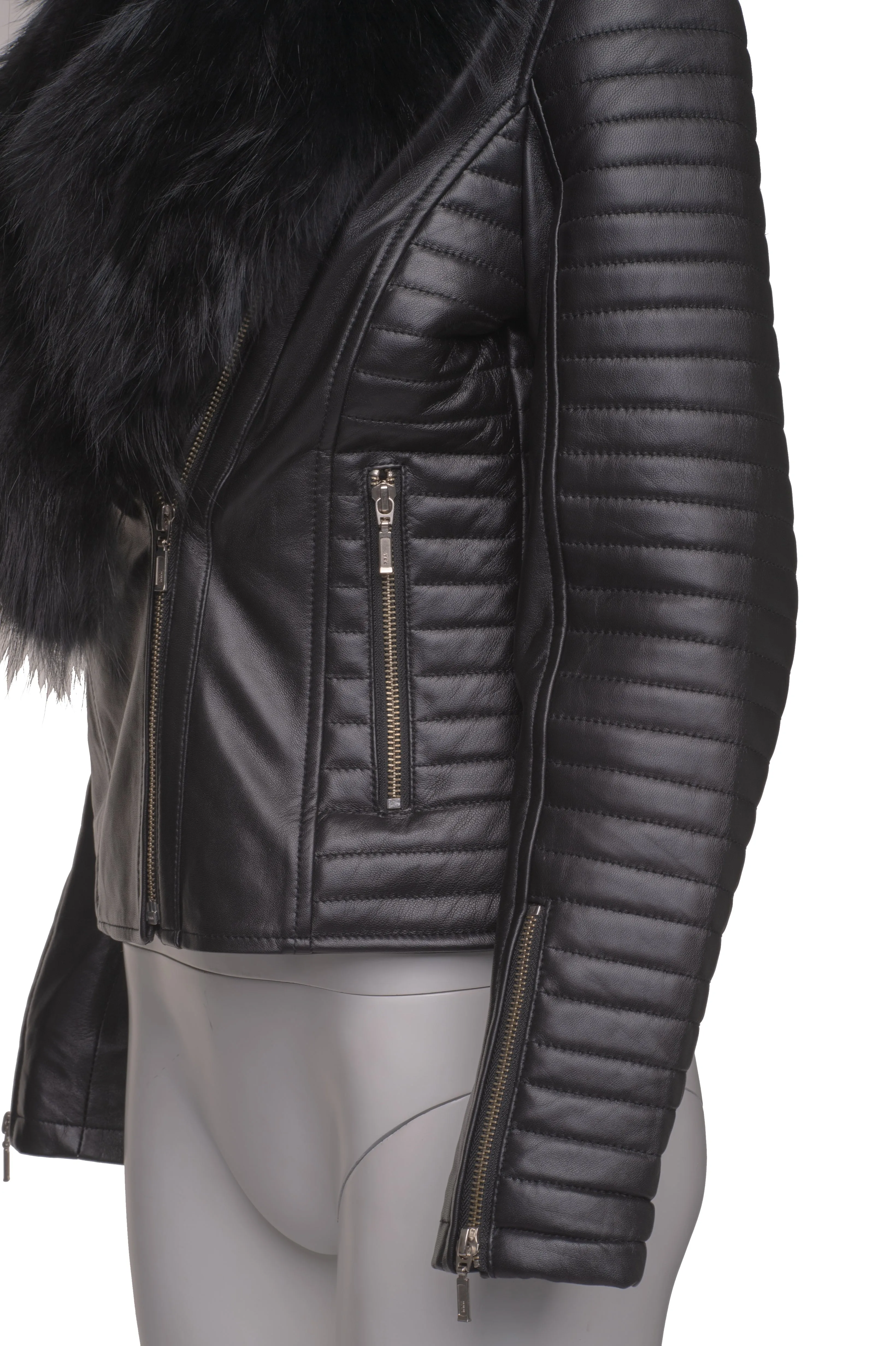 Amarah's Large Fur Shawl leather jacket with ribbed sleeve detailing