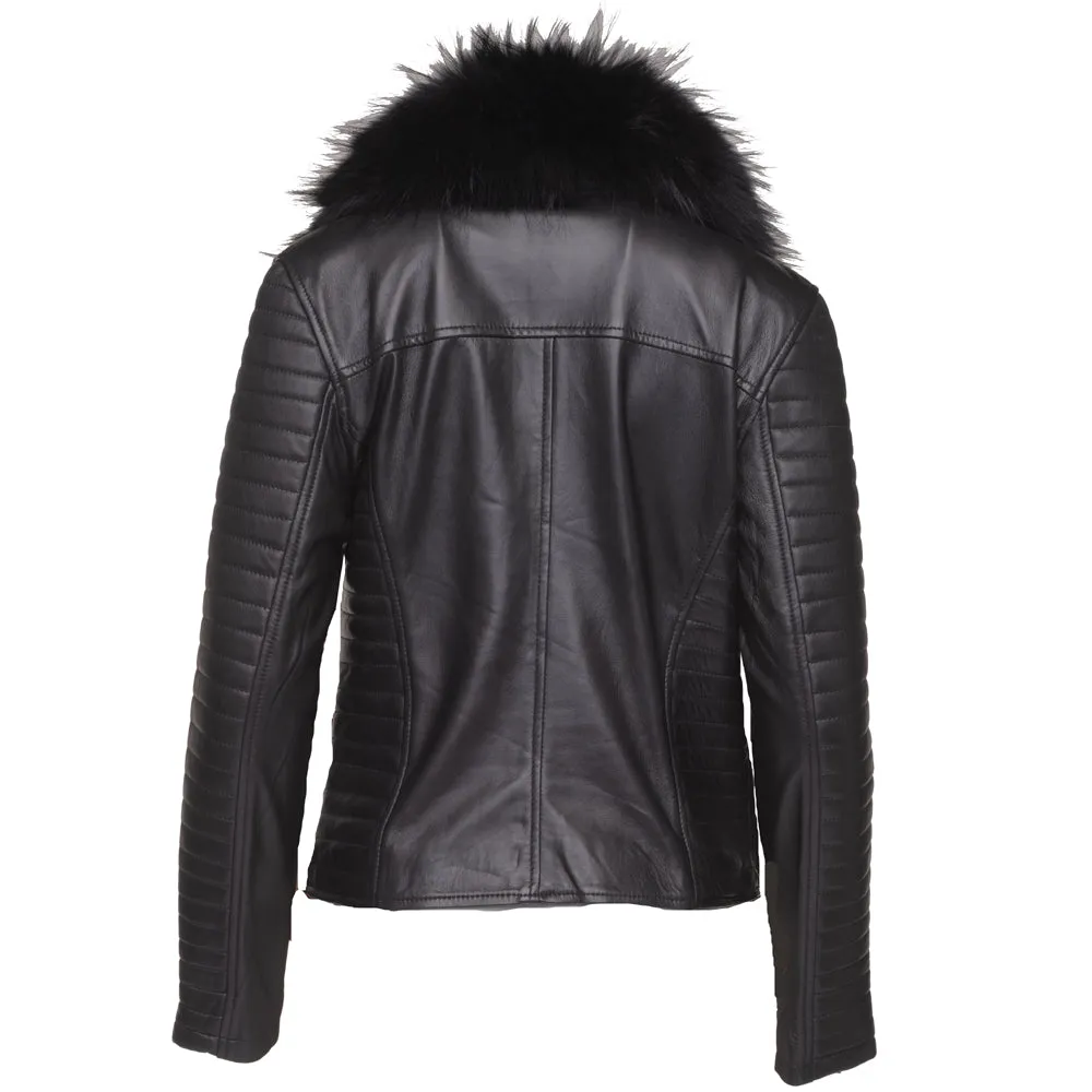 Amarah's Large Fur Shawl leather jacket with ribbed sleeve detailing