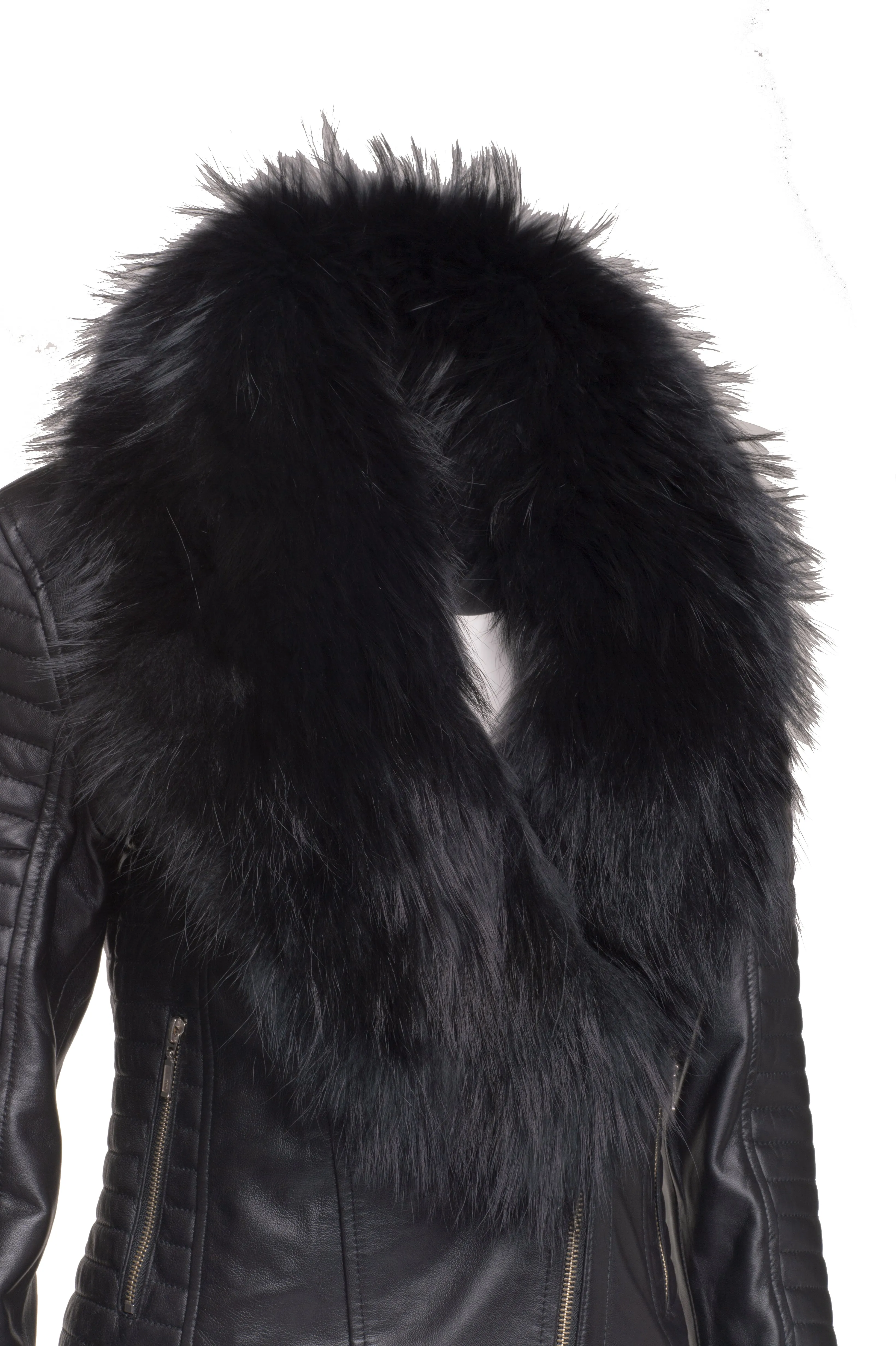 Amarah's Large Fur Shawl leather jacket with ribbed sleeve detailing