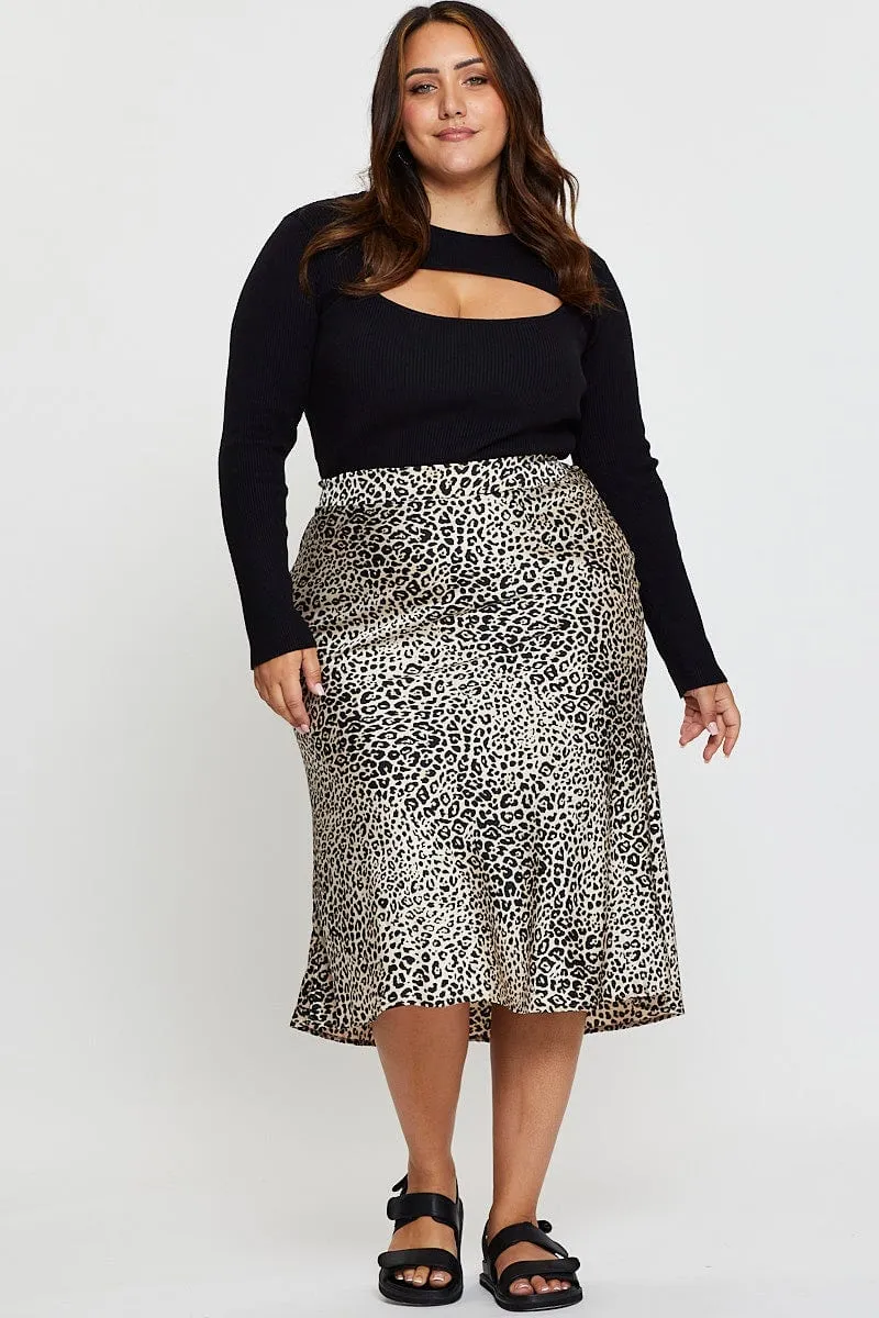 Animal Print Midi Satin Skirt Elastic Waist