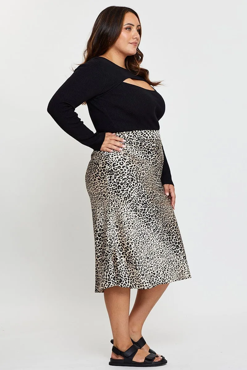 Animal Print Midi Satin Skirt Elastic Waist