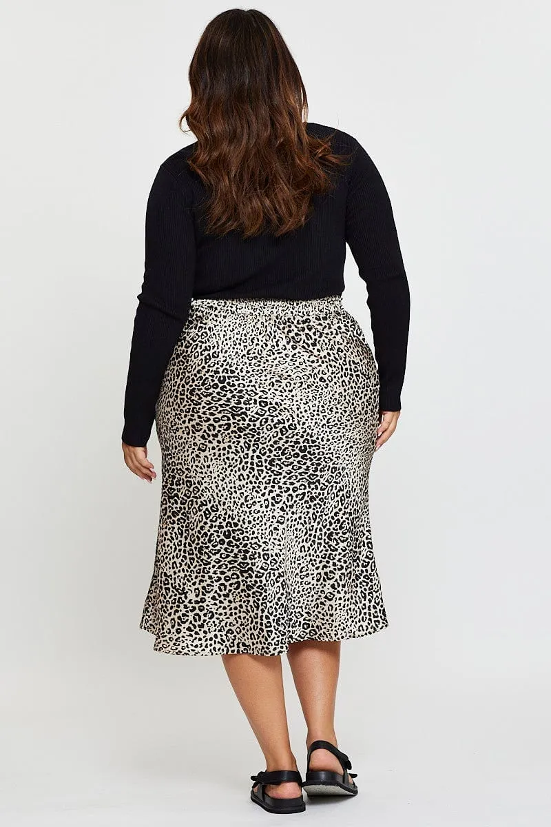 Animal Print Midi Satin Skirt Elastic Waist