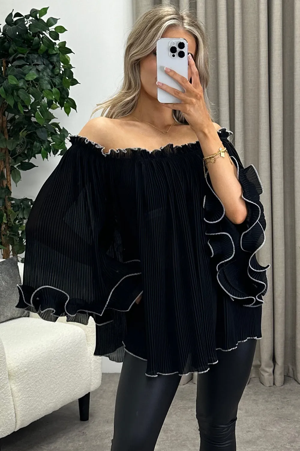 Anna Black Plisse Pleated Bardot Frill Sleeve Top