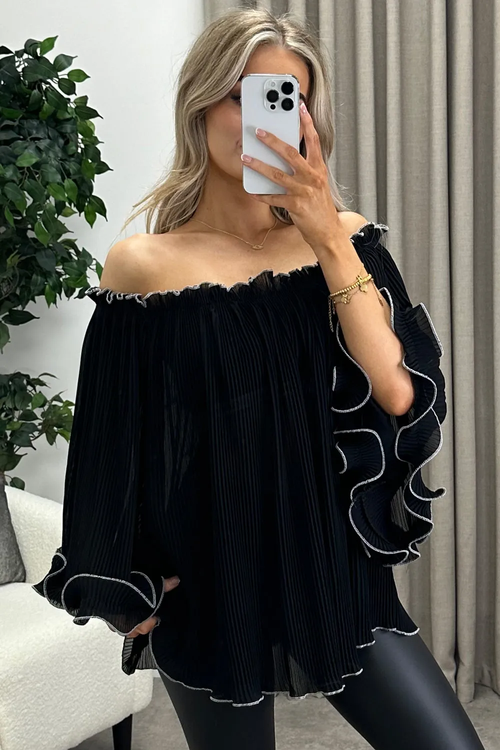 Anna Black Plisse Pleated Bardot Frill Sleeve Top