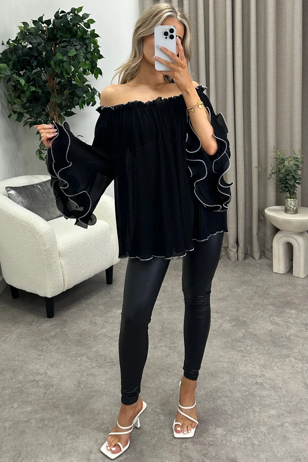 Anna Black Plisse Pleated Bardot Frill Sleeve Top