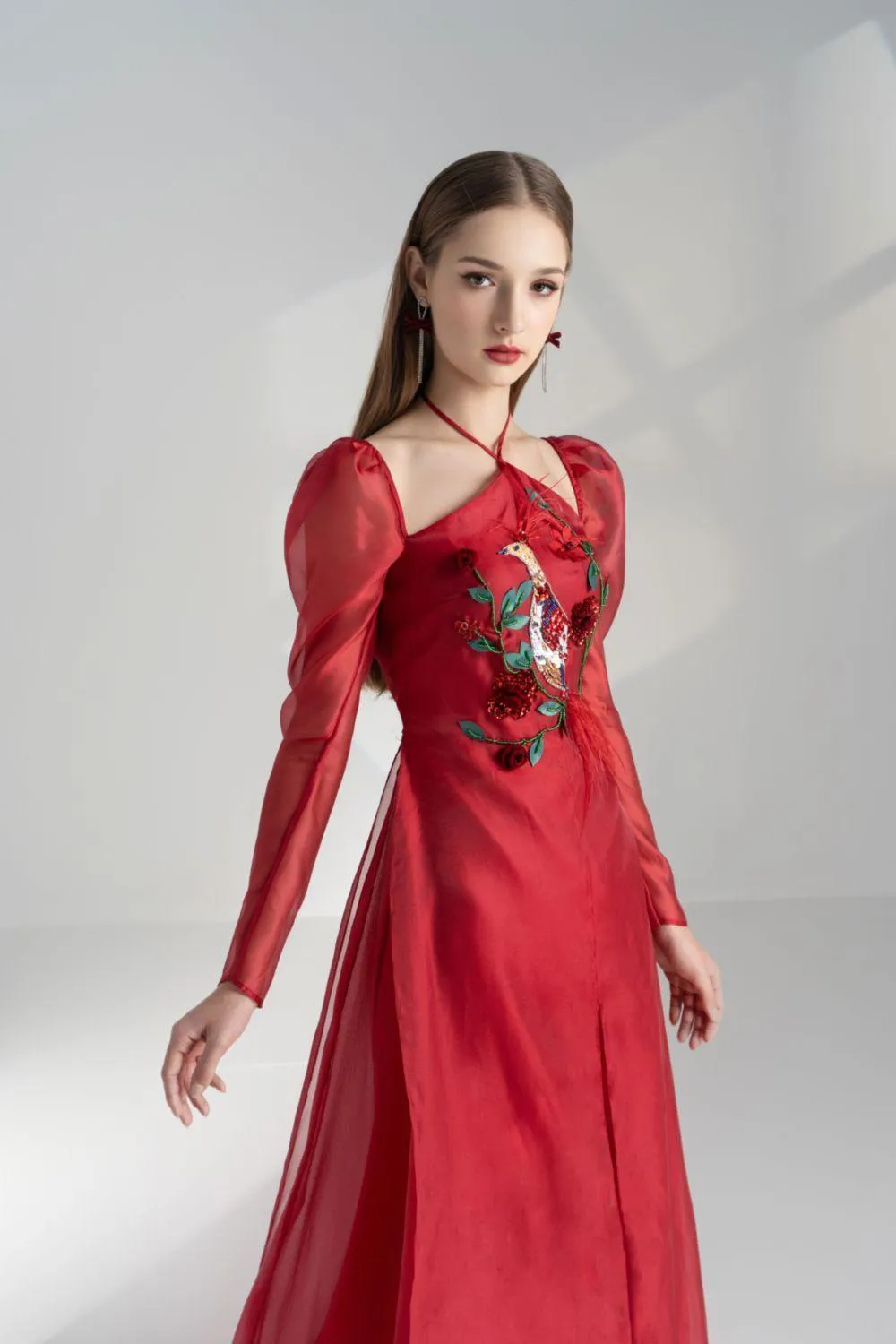 Annie A-line Puffy Sleeved Silk Organza Floor Length Ao Dai