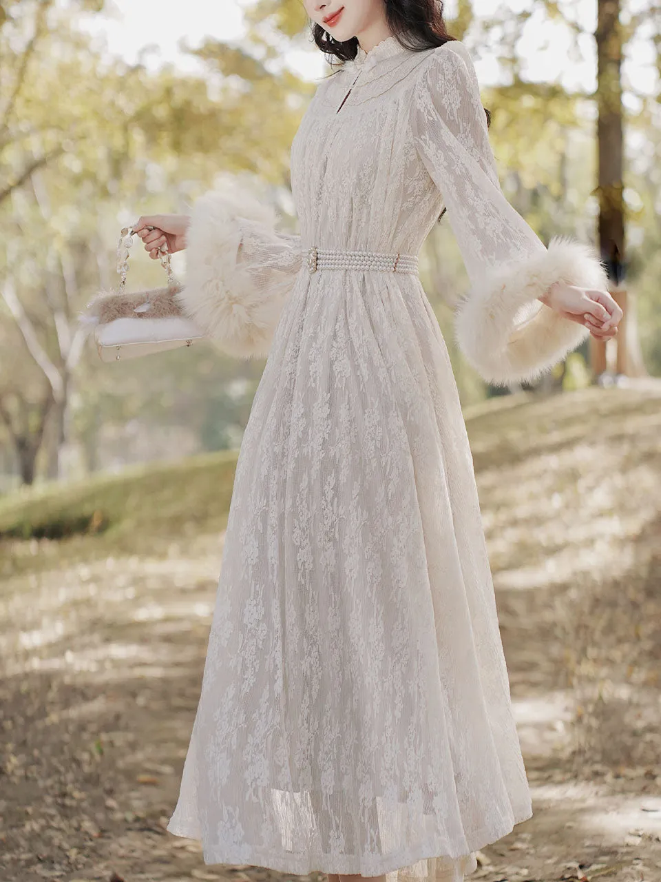 Apricot Lace Fur Sleeve 1950S Vintage Dress With Pearl Belt