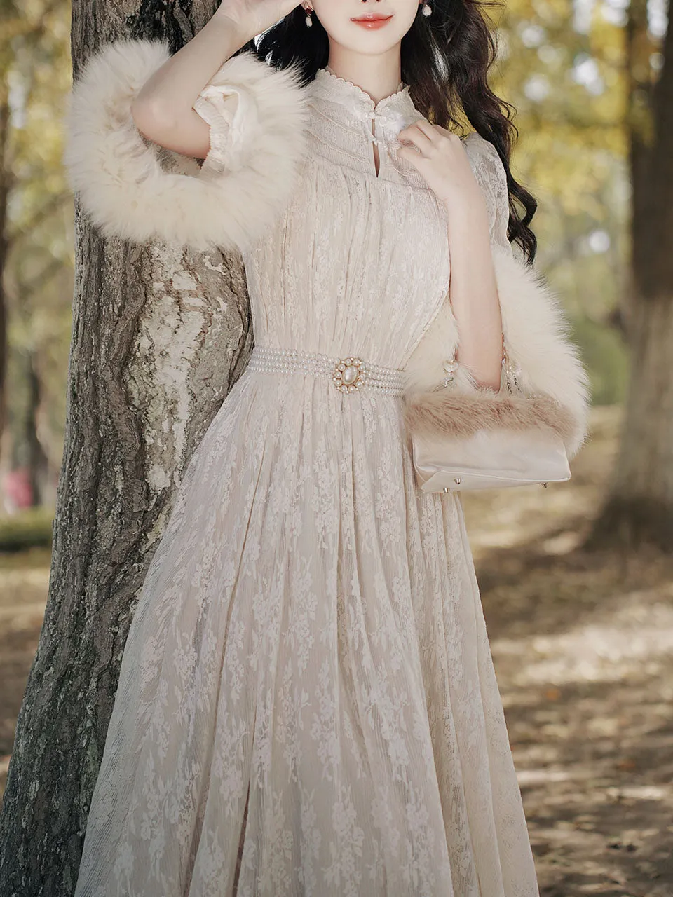 Apricot Lace Fur Sleeve 1950S Vintage Dress With Pearl Belt