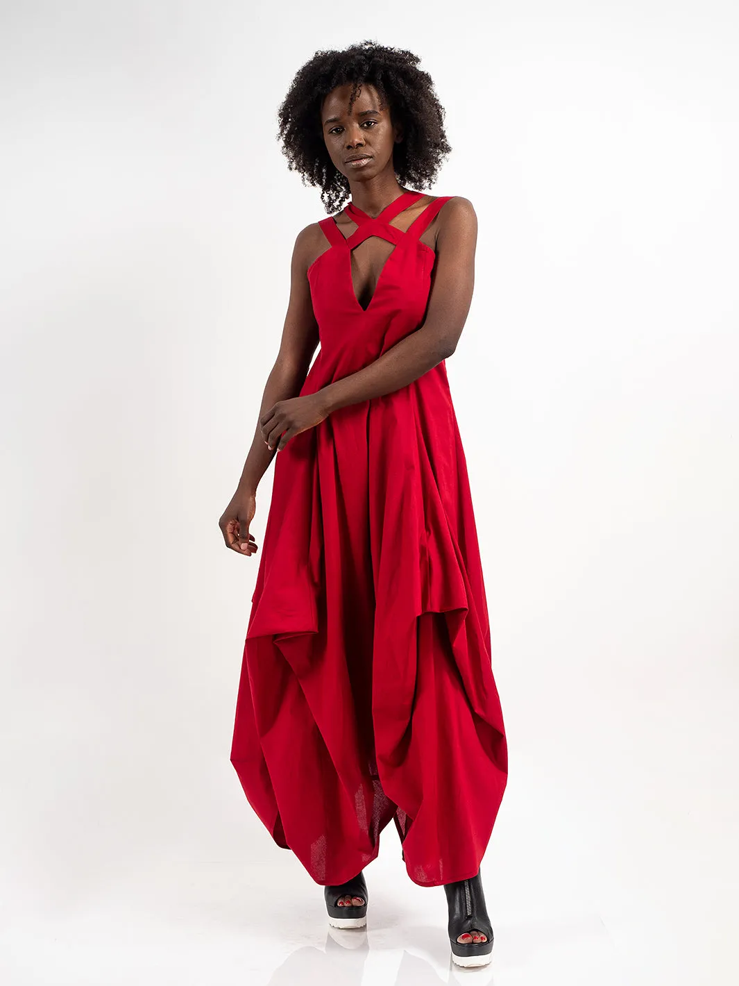 Asymmetric Long Cotton Dress In Red