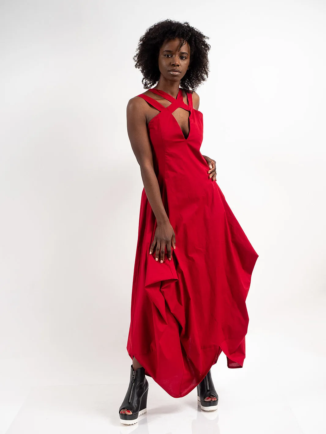 Asymmetric Long Cotton Dress In Red