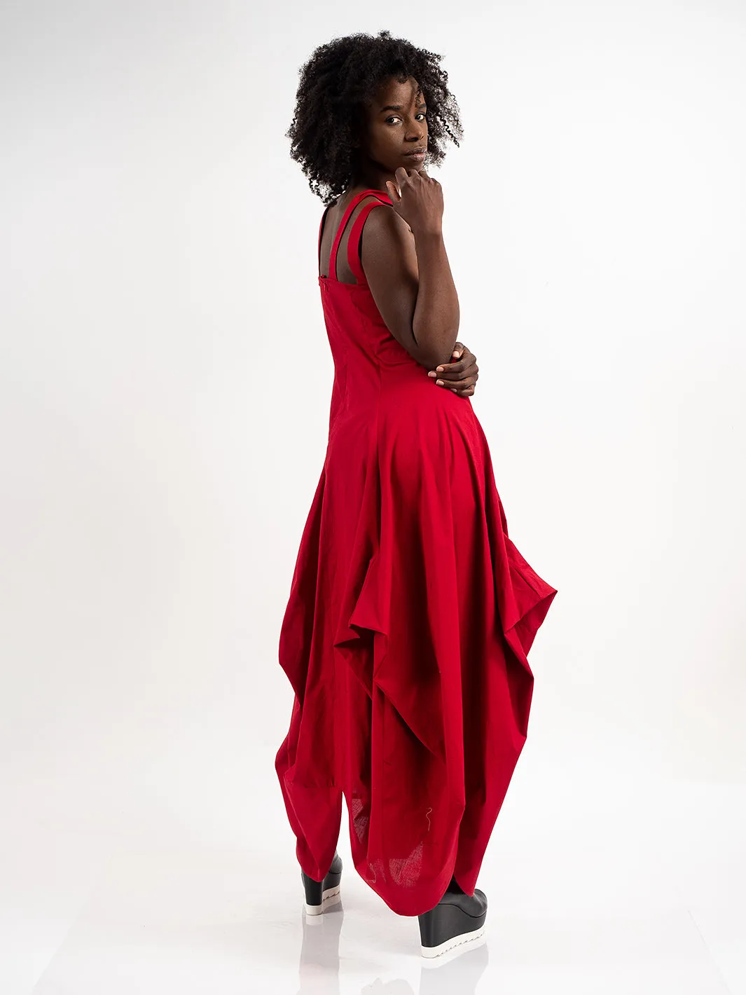 Asymmetric Long Cotton Dress In Red