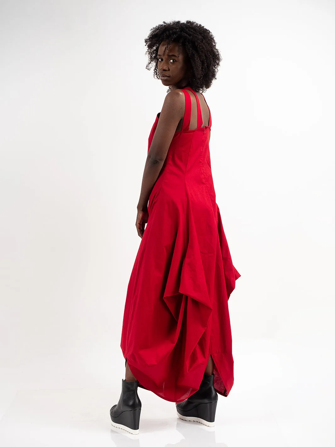 Asymmetric Long Cotton Dress In Red