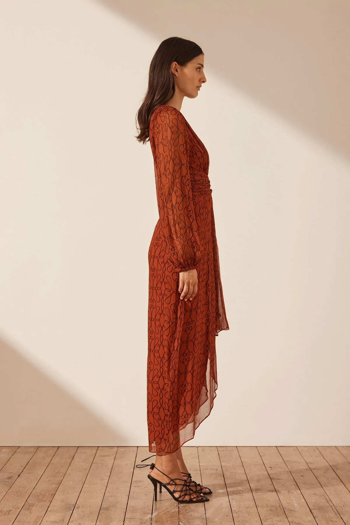 ATRANI PLUNGED LONG SLEEVE MIDI DRESS