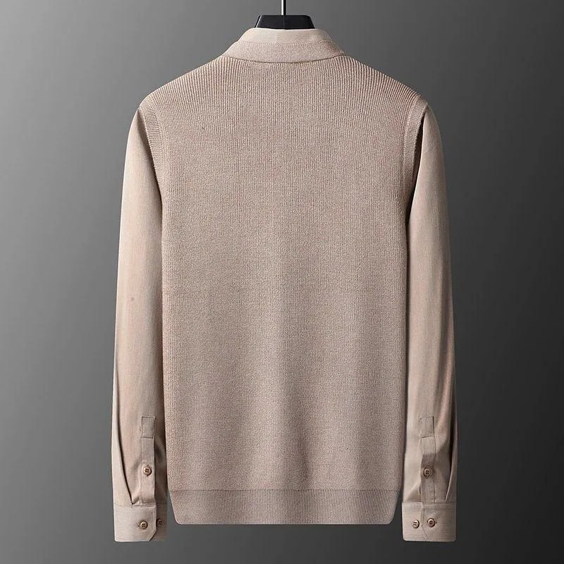 Autumn Winter Men's Solid O-Neck Fake Two Knitted Pullover Shirt Sweater