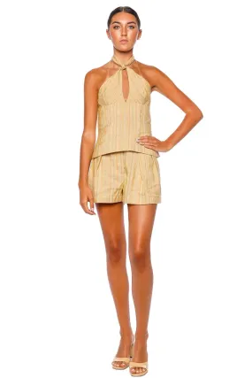 Avocado Striped Button Pleated Short