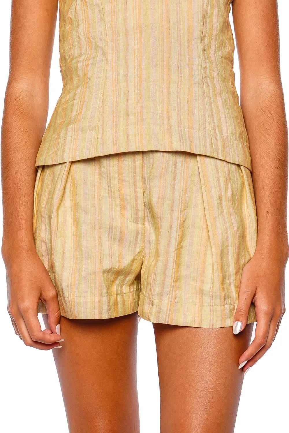 Avocado Striped Button Pleated Short