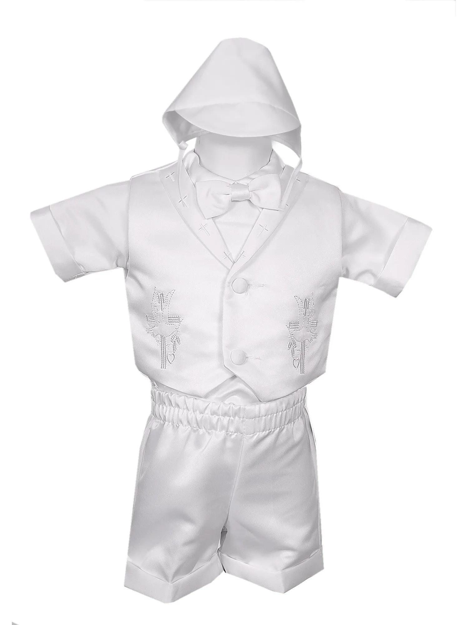 Baby Boys White 4 pc Cross Embroidered Vest Hat Baptism Outfit 3-24M