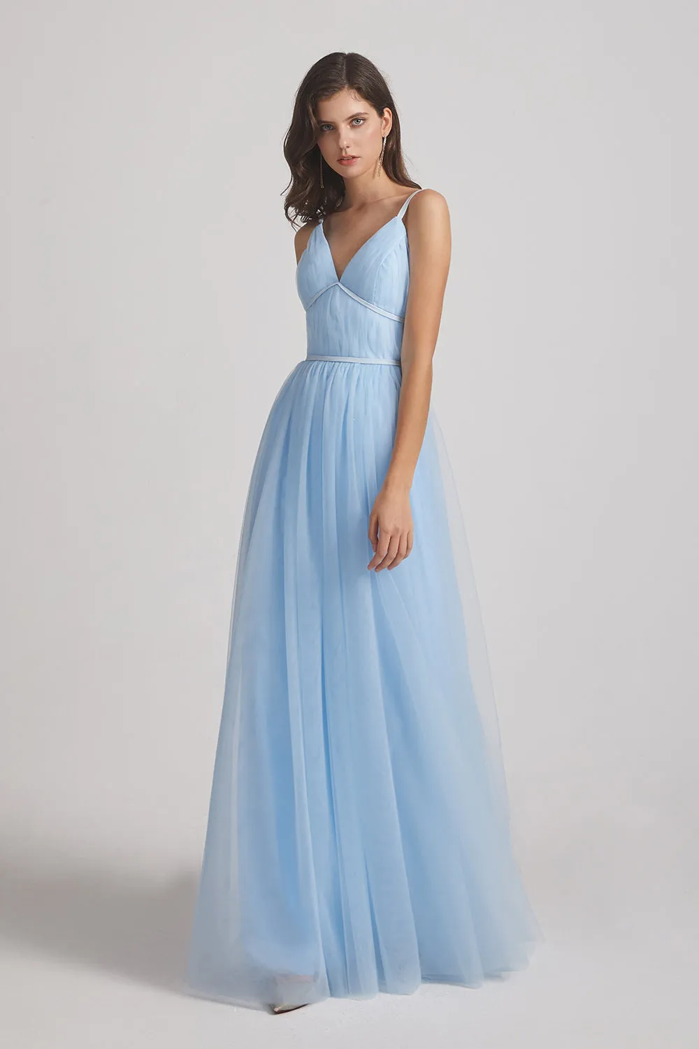 Backless Tulle V-Neck Spaghetti Straps A-Line Blue Bridesmaid Dresses (AF0042)