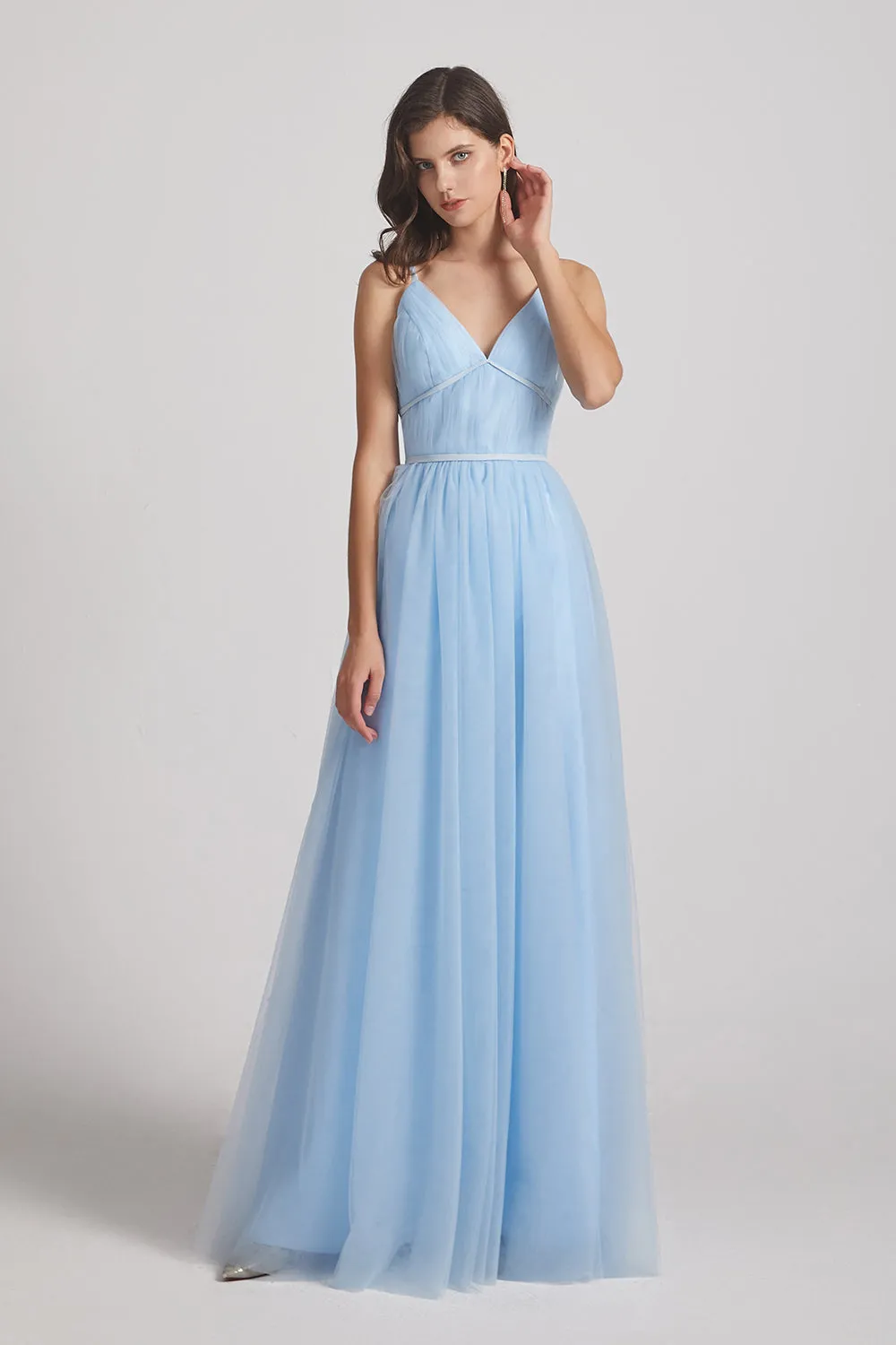 Backless Tulle V-Neck Spaghetti Straps A-Line Blue Bridesmaid Dresses (AF0042)